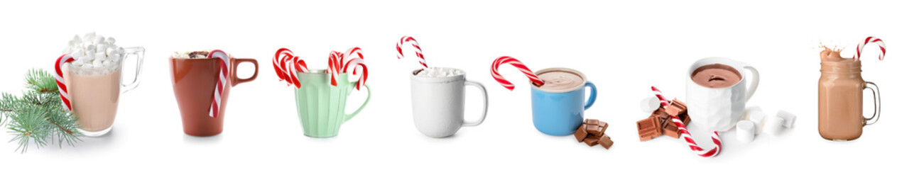 Cup of delicious hot chocolate with marshmallows and fir branch on white background