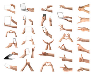 Set of human hands on white background