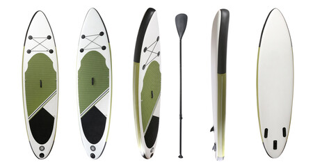 Collage of sup board with paddle on white background - obrazy, fototapety, plakaty