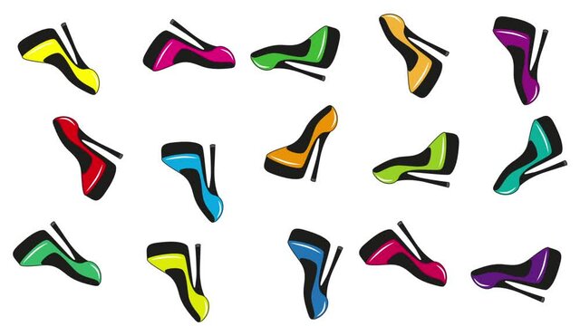 Colorful high heeled fashionable shoes spinning around on white background. Seamless looping hd animation.
