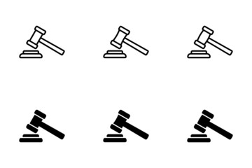 Conjunto de icono de martillo de justicia. Mazo de juez. Concepto de ley y justicia. Icono de martillo en diferentes estilos. Tribunal de la corte. Ilustración vectorial