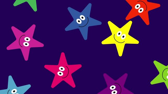 Smiling colorful cartoon stars dancing and rotating on blue background hd animation.