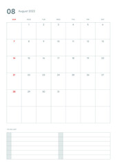 August 2022 calendar template illustration. Note, scheduler, diary, planner document template illustration.