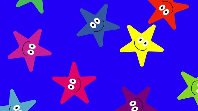 Smiling colorful cartoon stars dancing and rotating on bright changing color background hd animation.