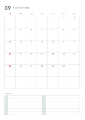 September 2022 calendar template illustration. Note, scheduler, diary, planner document template illustration.