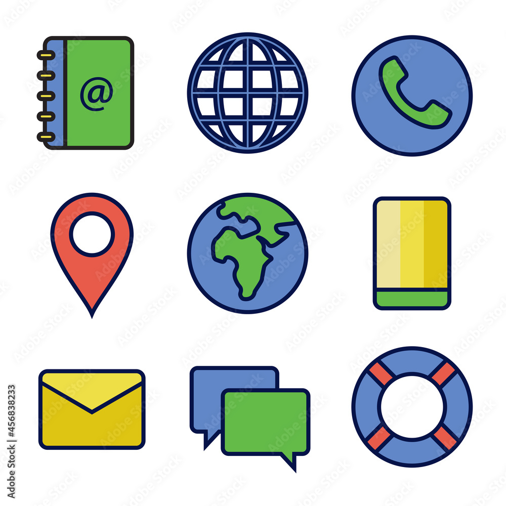Poster flat icon set of contact in primary color. perfect for design element of business card and personal 