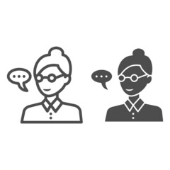 Teacher, woman in glasses, speech balloon line and solid icon, education concept, professor vector sign on white background, outline style icon for mobile concept and web design. Vector graphics.