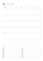 December 2022 calendar template illustration. Note, scheduler, diary, planner document template illustration.