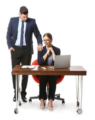 Boss harassing his secretary on white background