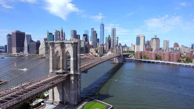 September 2021 - 4K aerial of lower Manhattan from the East River, NYC, USA