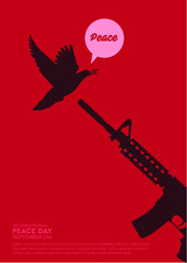 International Peace Day Poster design with dove and rifle gun silhouette vector illustration.