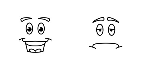 Conjunto de carita feliz y triste. Colección de rostro de caricatura animada. Contento y melancolía. Cara animada. Ilustración vectorial