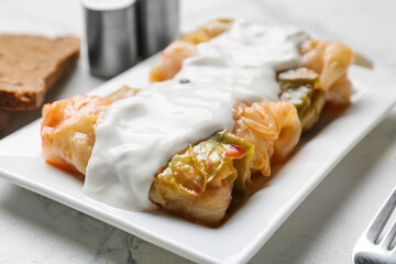 Plate with tasty stuffed cabbage rolls and sauce on light background, closeup