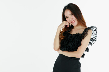 Portrait of young and cute self-confidence brunette long hair Asian girl with smile and friendly face. Charming girl pose with happy studio shot isolated on white background with finger pointing