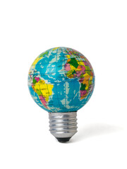 A light bulb in the shape of a model of the globe isolated on a white background.