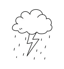 Thunderstorm Cloud doodle with raindrops, cloudy weather forecast with precipitations. isolated on white background.
