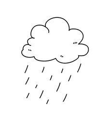 Cloud doodle with raindrops, cloudy weather forecast with precipitations. isolated on white background.