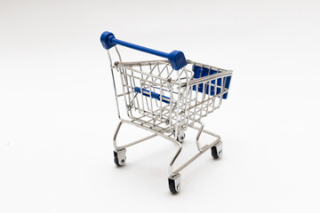 shopping cart with blue handle isolated on a white background