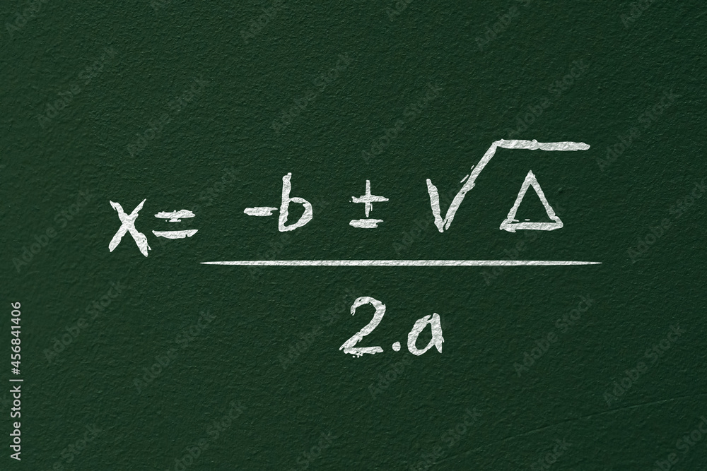 Wall mural Formula of bhaskara. illustration of high school equation written in chalk on blackboard. mathematical operation. x is equal to b plus or minus the square root of delta over 2 a.