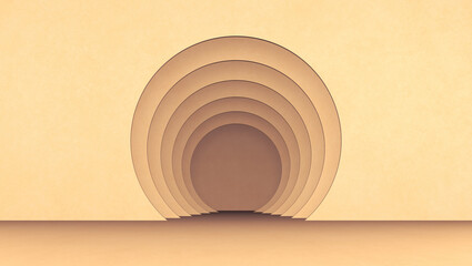 Beige geometric background from concentric circles. Minimalistic mock up. Background design for product presentation. 3D rendering.
