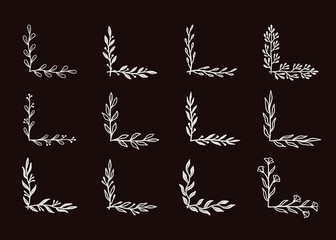 Corner flourish border set on black chalkboard. Hand drawn doodle style corner with rustic floral element. Vector illustration border.