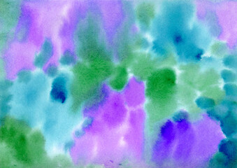 Fototapeta na wymiar Multicolored watercolor hand drawn abstract Background. Blue, green, lilac, violet and purple colorful Spots and Splashes Blobs texture. Multicolor mottled Backdrop of Spot for packaging and web
