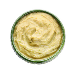 Bowl of tasty baba ghanoush on white background