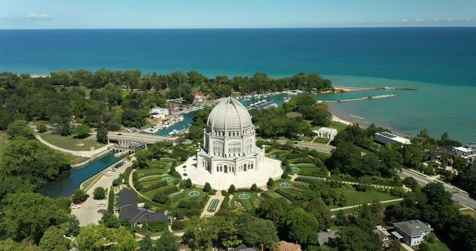Aerial view of the Baha&rsquo;i Temple, Wilmette Harbor and the Lake Michigan Shoreline during a beautiful summer day.