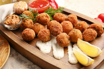 Board with tasty cod cutlets and sauces on table, closeup