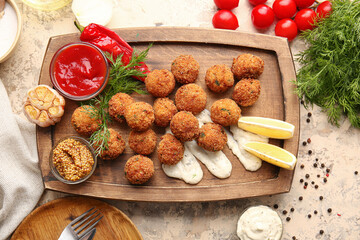 Board with tasty cod cutlets, sauces and spices on light background