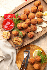 Board with tasty cod cutlets and sauces on light background