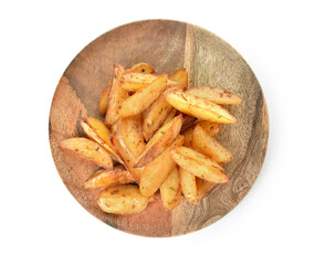 Plate with tasty baked potato on white background