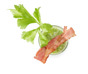 Glass of bloody Mary cocktail garnished with bacon on white background