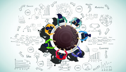 Businessman and woman brainstorm success with  Coffee cup,  plan,think,search,analyze,communicate, futuristic idea innovation technology modern.vector