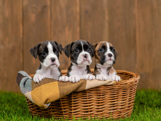 Young german boxers puppy sit inside basket on green summer grass