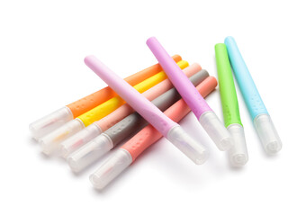Different colorful markers on white background