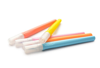 Different colorful markers on white background