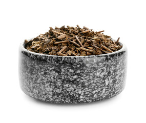 Bowl of dry hojicha green tea on white background