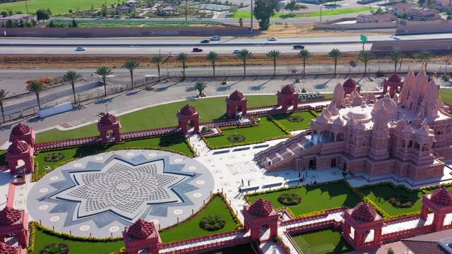 Flying around and panning up at the BAPS Shri Swaminarayan Mandir Hindu temple in Chino California