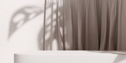 Product display podium stand with shadow nature leaves on brown curtain background. 3D rendering