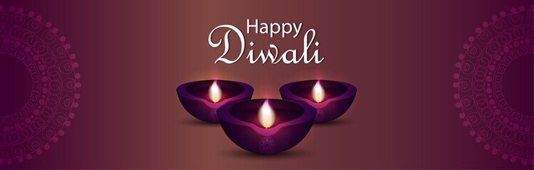 Happy diwali festival of light invitation banner with creative diwali diya