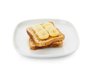 Plate with tasty toasted bread with bananas and honey on white background