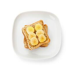 Plate with tasty toasted bread with bananas and honey on white background