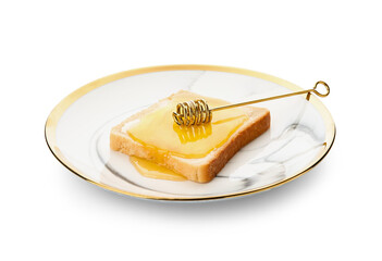 Plate with tasty toasted bread with butter and honey on white background