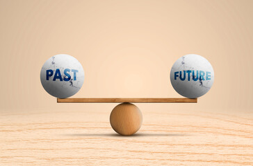 Past and Future In Ideal Balance Written on 3D Sphere stones scale. marble Stone with text  