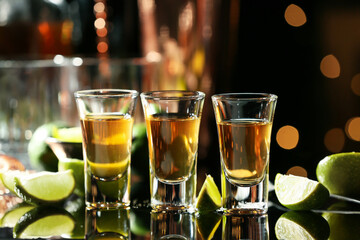 Shots of tasty tequila with lime on table against blurred background