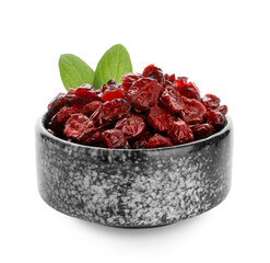 Bowl with tasty dried cranberries on white background