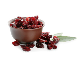 Bowl with tasty dried cranberries on white background