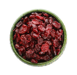Bowl with tasty dried cranberries on white background