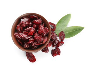 Bowl with tasty dried cranberries on white background